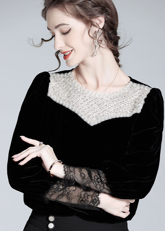 Boutique Black Nail Bead Lace Patchwork Silk Velour Blouse Top Spring LY1022