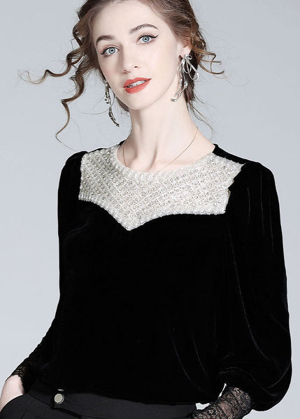 Boutique Black Nail Bead Lace Patchwork Silk Velour Blouse Top Spring LY1022