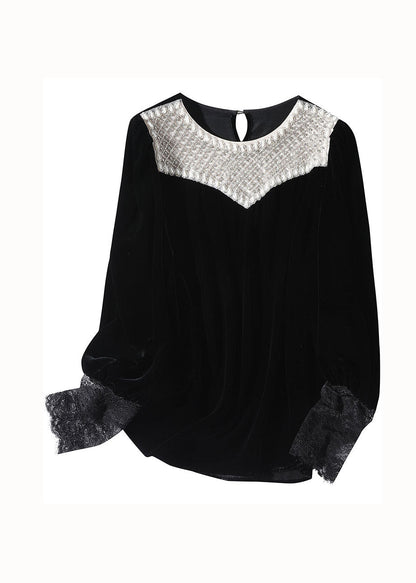 Boutique Black Nail Bead Lace Patchwork Silk Velour Blouse Top Spring LY1022