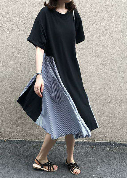 Boutique Black O Neck Patchwork False Two Pieces Cotton Dress Summer LY1330