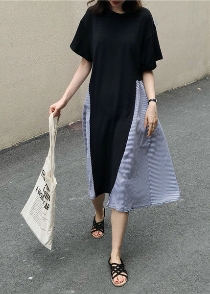 Boutique Black O Neck Patchwork False Two Pieces Cotton Dress Summer LY1330