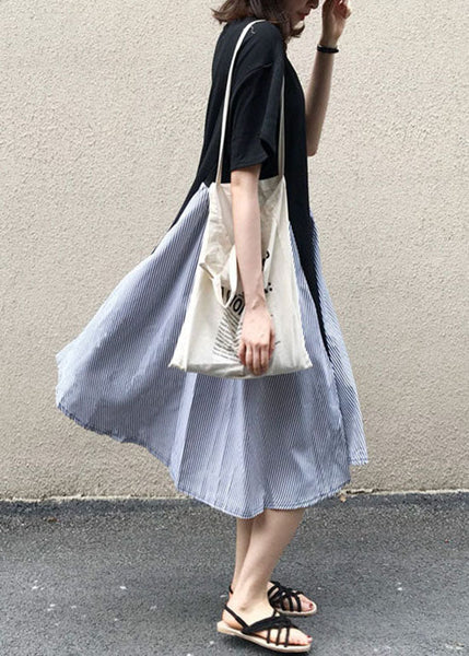 Boutique Black O Neck Patchwork False Two Pieces Cotton Dress Summer LY1330