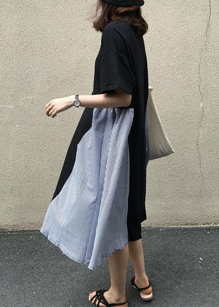 Boutique Black O Neck Patchwork False Two Pieces Cotton Dress Summer LY1330