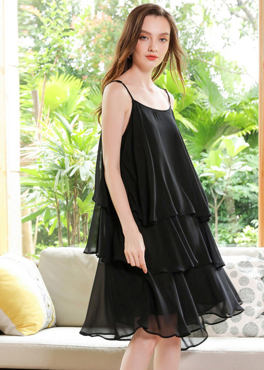 Boutique Black Oversized Layered Design Chiffon Spaghetti Strap Dresses Summer LY0272