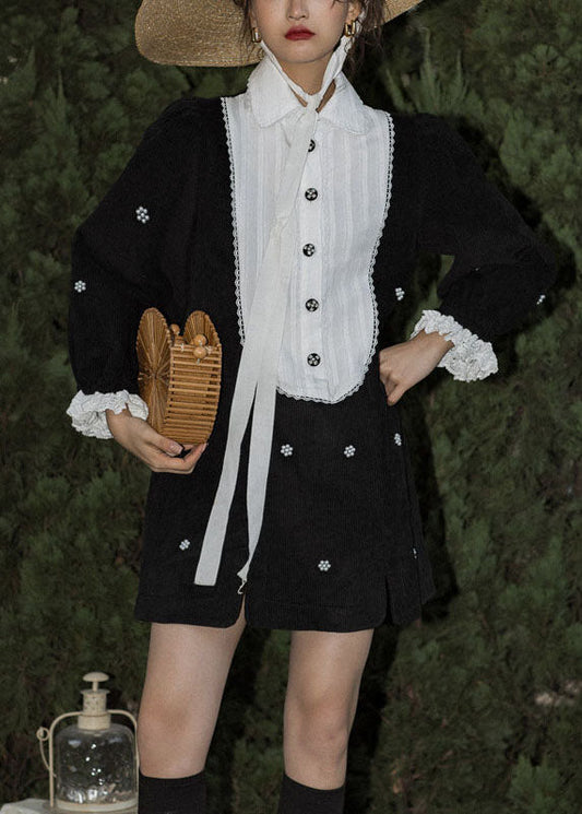 Boutique Black Peter Pan Collar Patchwork Corduroy Dresses Spring LY0767