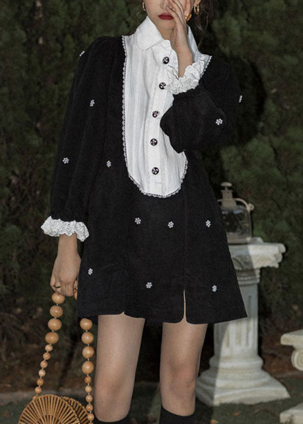 Boutique Black Peter Pan Collar Patchwork Corduroy Dresses Spring LY0767