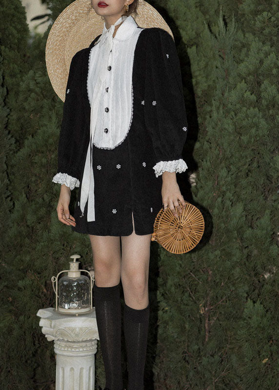 Boutique Black Peter Pan Collar Patchwork Corduroy Dresses Spring LY0767