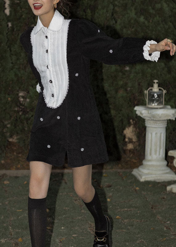 Boutique Black Peter Pan Collar Patchwork Corduroy Dresses Spring LY0767