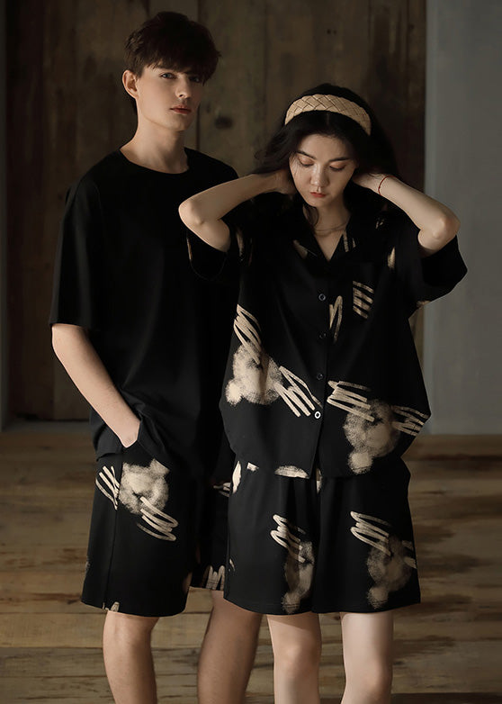 Boutique Black Print Button Cotton Couple Pajamas Two Piece Set Short Sleeve TO1061