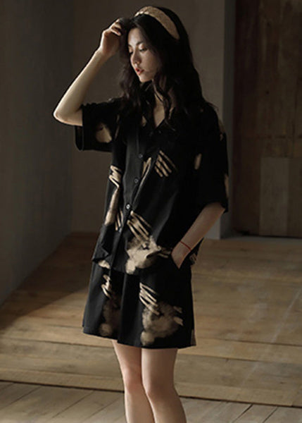 Boutique Black Print Button Cotton Couple Pajamas Two Piece Set Short Sleeve LY1869