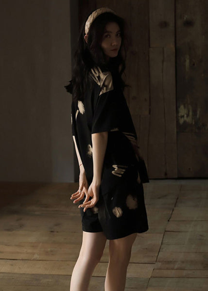 Boutique Black Print Button Cotton Couple Pajamas Two Piece Set Short Sleeve LY1869