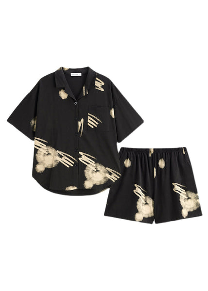 Boutique Black Print Button Cotton Couple Pajamas Two Piece Set Short Sleeve LY1869