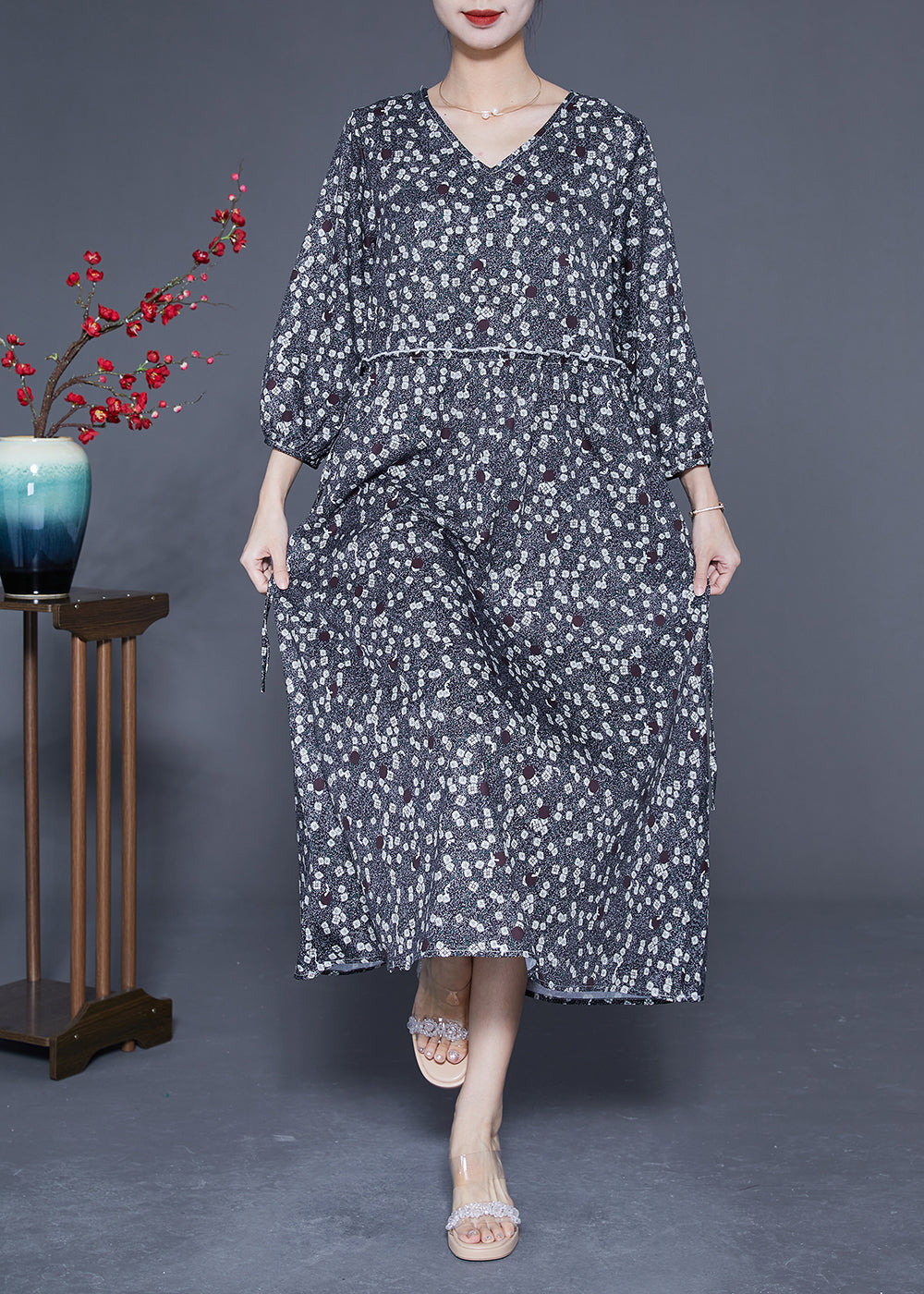 Boutique Black Ruffled Print Chiffon Long Dresses Bracelet Sleeve LY1852