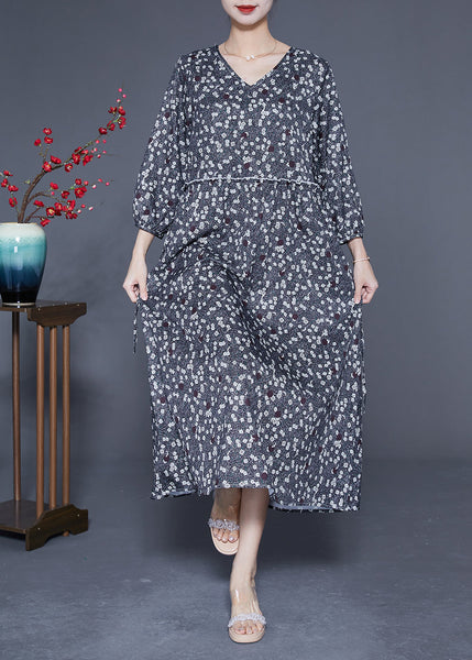 Boutique Black Ruffled Print Chiffon Long Dresses Bracelet Sleeve LY1852