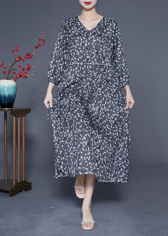 Boutique Black Ruffled Print Chiffon Long Dresses Bracelet Sleeve LY1852