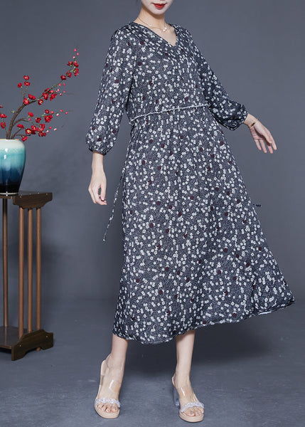 Boutique Black Ruffled Print Chiffon Long Dresses Bracelet Sleeve LY1852