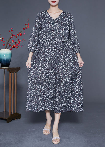 Boutique Black Ruffled Print Chiffon Long Dresses Bracelet Sleeve LY1852