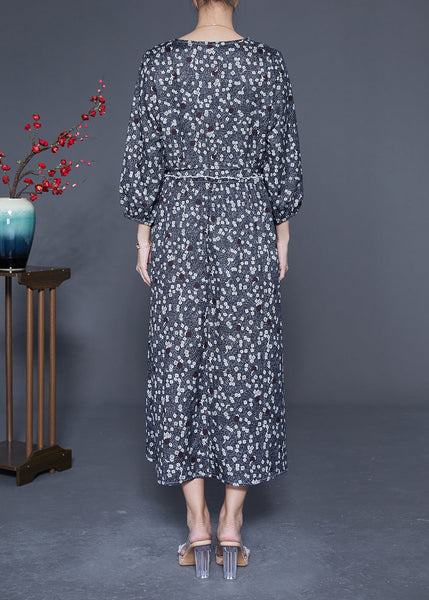 Boutique Black Ruffled Print Chiffon Long Dresses Bracelet Sleeve LY1852