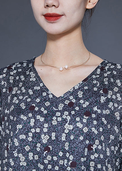 Boutique Black Ruffled Print Chiffon Long Dresses Bracelet Sleeve LY1852