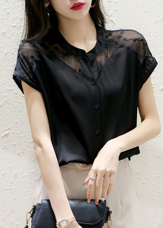 Boutique Black Stand Collar Embroideried Patchwork Silk Top Summer LY1416