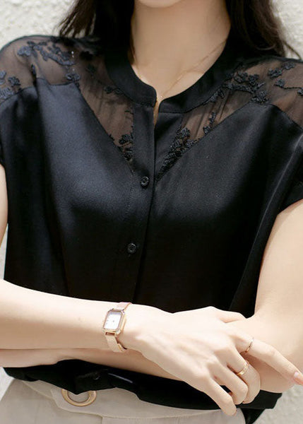 Boutique Black Stand Collar Embroideried Patchwork Silk Top Summer LY1416