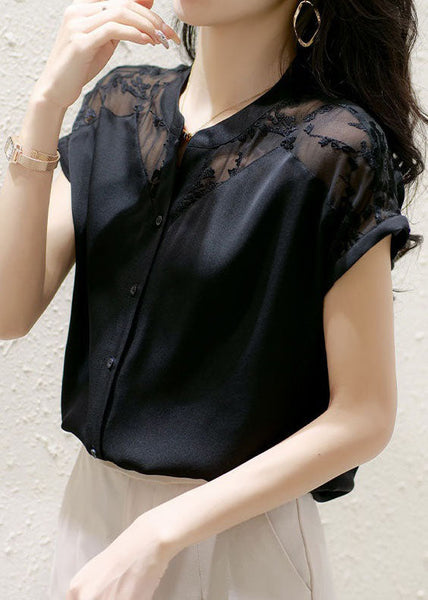 Boutique Black Stand Collar Embroideried Patchwork Silk Top Summer LY1416