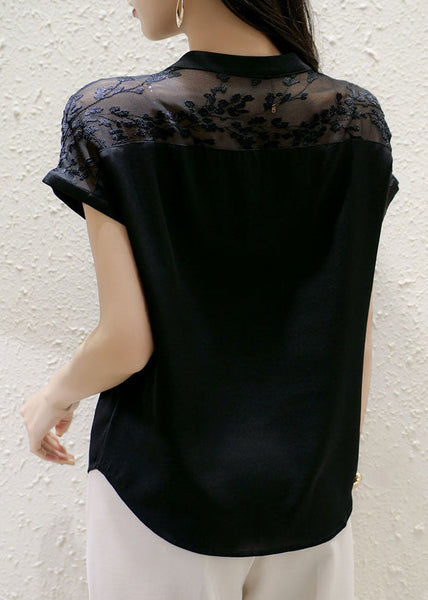 Boutique Black Stand Collar Embroideried Patchwork Silk Top Summer LY1416