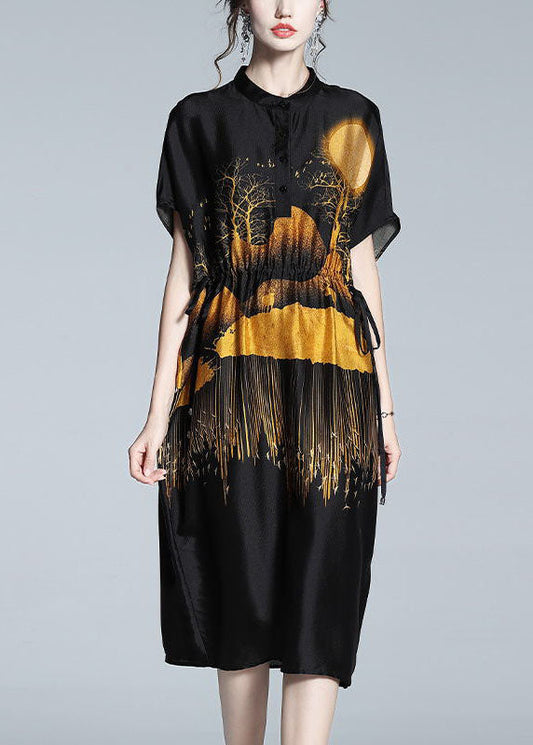 Boutique Black Stand Collar Print Drawstring Silk Dresses Summer LY0117