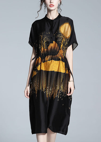 Boutique Black Stand Collar Print Drawstring Silk Dresses Summer LY0117