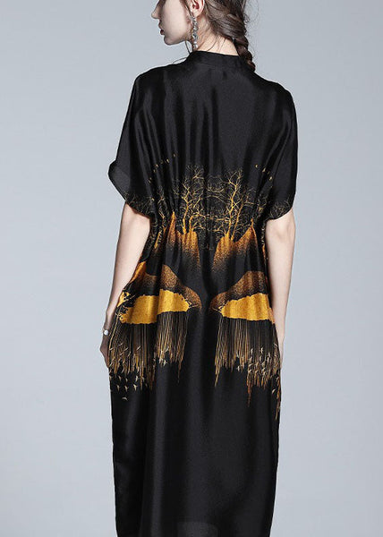 Boutique Black Stand Collar Print Drawstring Silk Dresses Summer LY0117