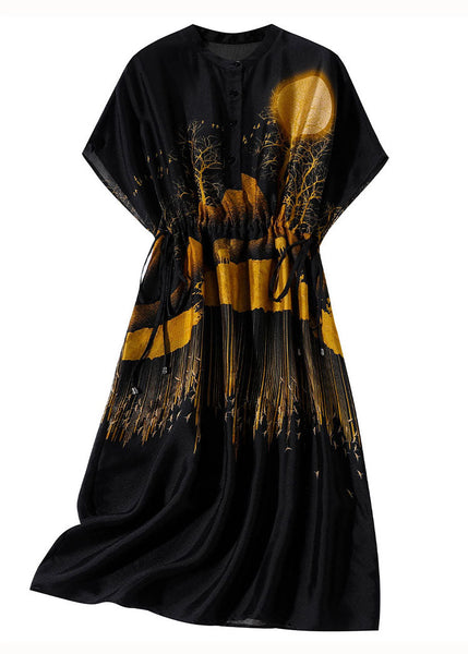 Boutique Black Stand Collar Print Drawstring Silk Dresses Summer LY0117