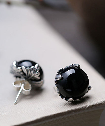 Boutique Black Sterling Silver Agate Stud Earrings TW1029