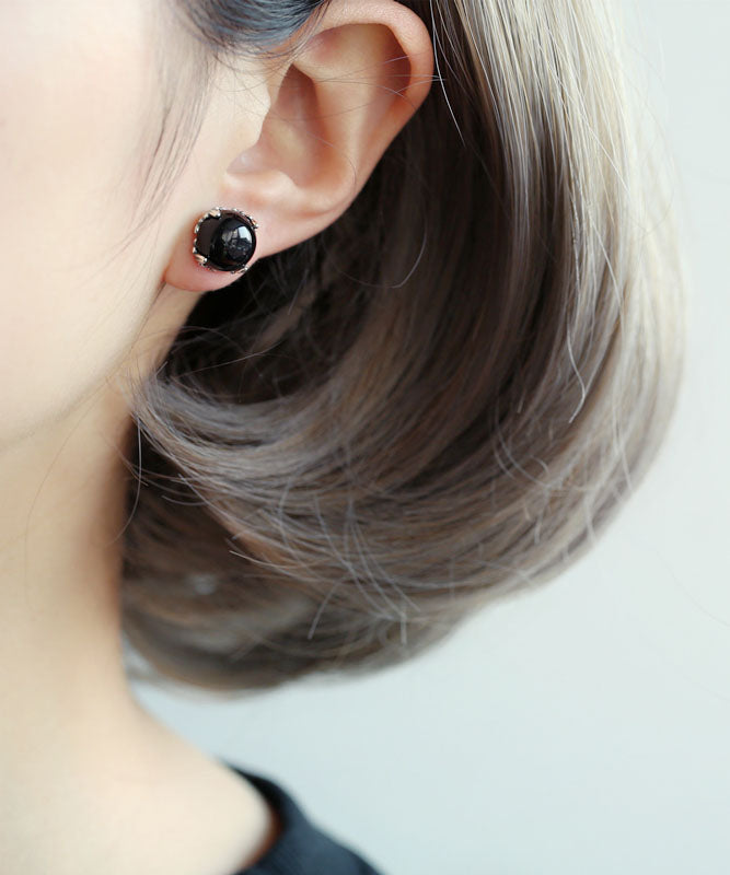 Boutique Black Sterling Silver Agate Stud Earrings TW1029