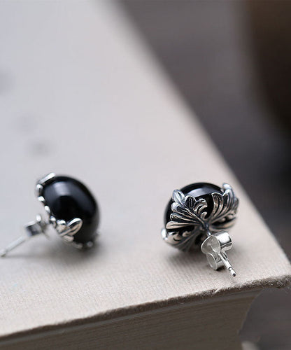 Boutique Black Sterling Silver Agate Stud Earrings TW1029