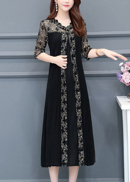 Boutique Black V Neck Lace Patchwork Silk A Line Dresses Half Sleeve LC0067