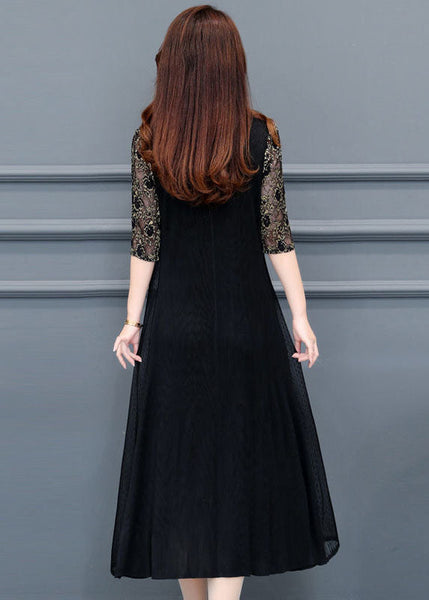 Boutique Black V Neck Lace Patchwork Silk A Line Dresses Half Sleeve LC0067