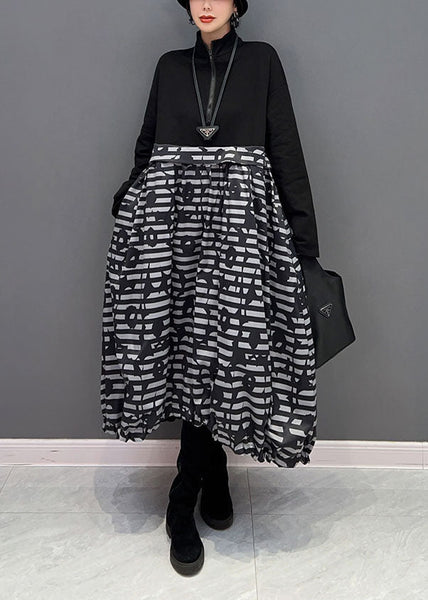 Boutique Black Zip Up Patchwork Print Long Dress Spring LY1663