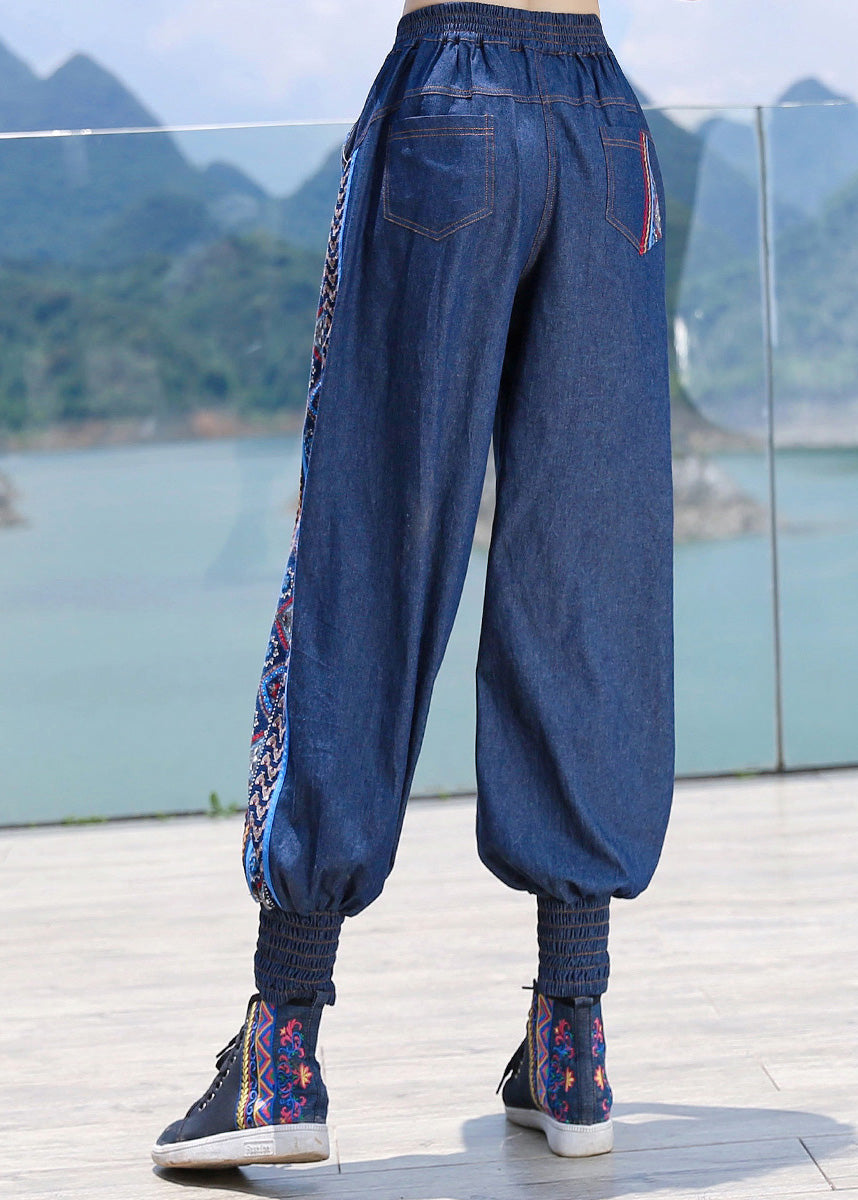 Boutique Blue Embroideried Elastic Waist Cotton Denim Harem Pants Spring LY0186