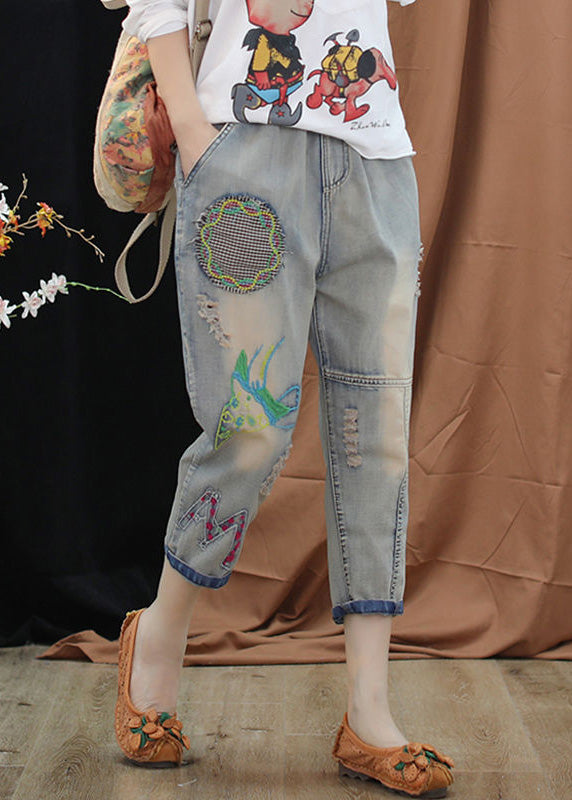 Boutique Blue Embroideried Patchwork Elastic Waist Crop Jeans TY1085