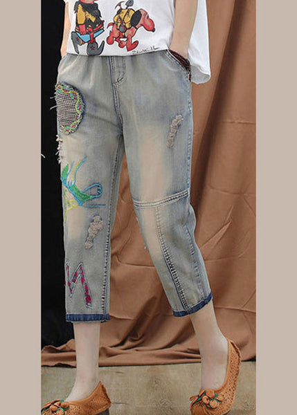 Boutique Blue Embroideried Patchwork Elastic Waist Crop Jeans TY1085