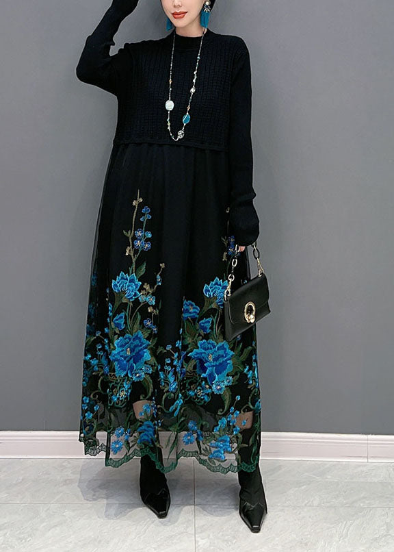 Boutique Blue Embroideried Patchwork Knit Maxi Dress Spring LY1583