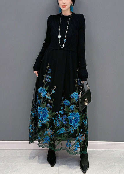 Boutique Blue Embroideried Patchwork Knit Maxi Dress Spring LY1583