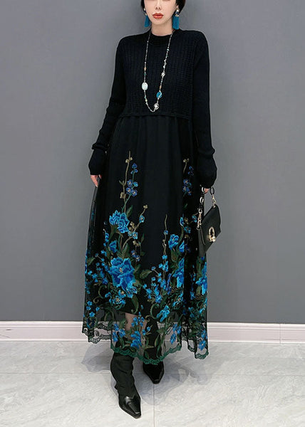 Boutique Blue Embroideried Patchwork Knit Maxi Dress Spring LY1583