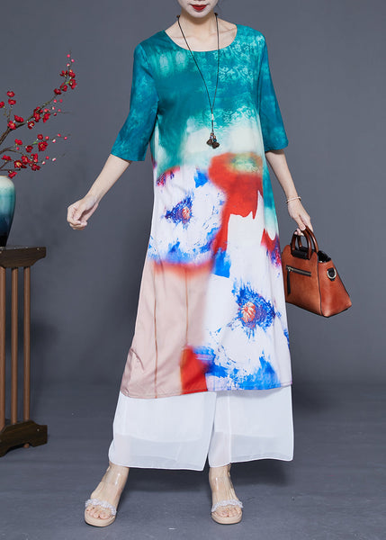 Boutique Blue O-Neck Tie Dye Silk Long Dress Half Sleeve LY1103
