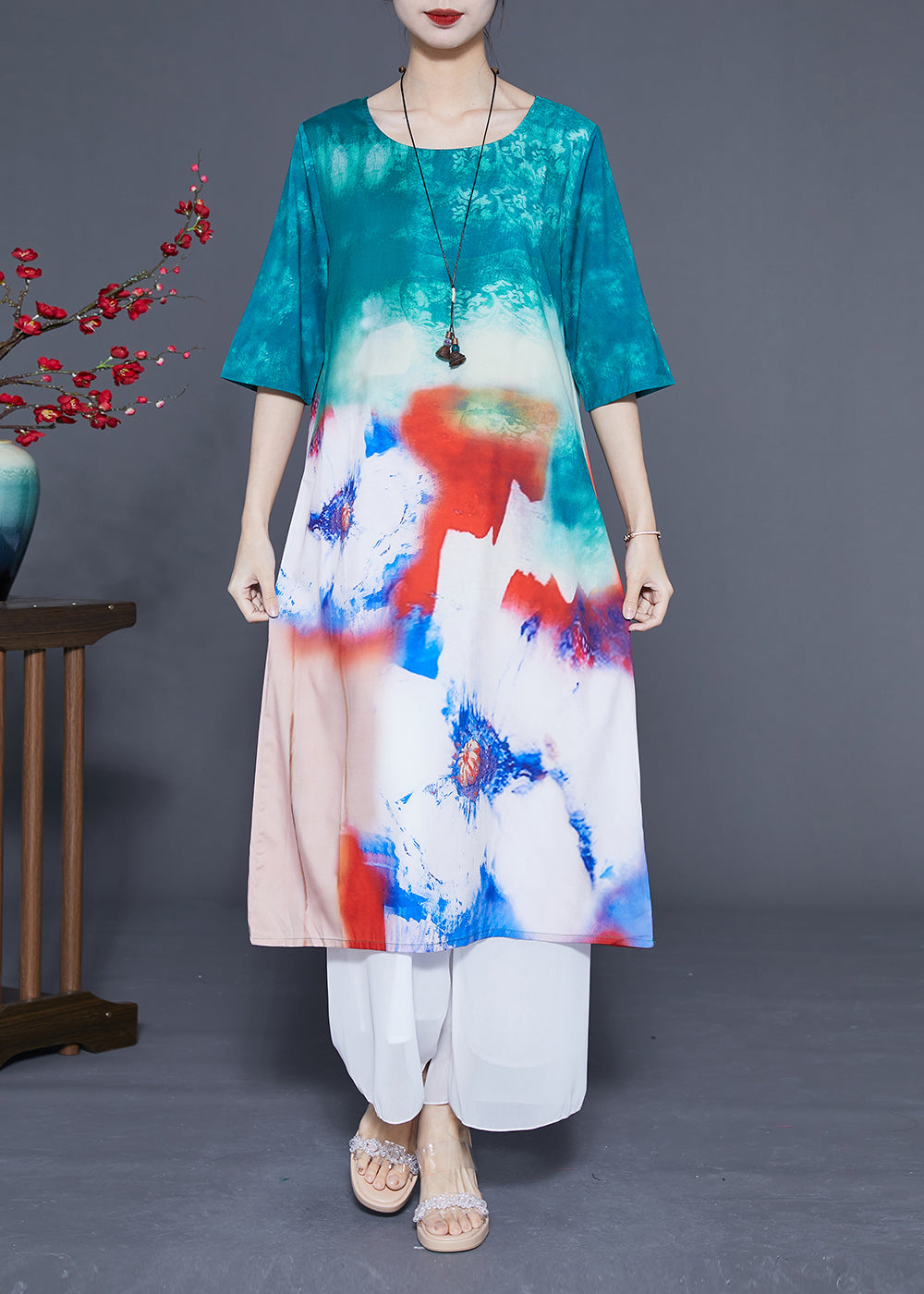 Boutique Blue O-Neck Tie Dye Silk Long Dress Half Sleeve LC0373