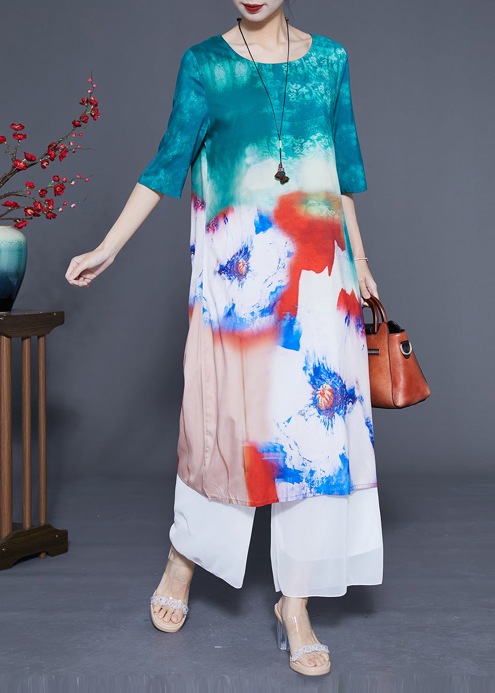 Boutique Blue O-Neck Tie Dye Silk Long Dress Half Sleeve LC0373