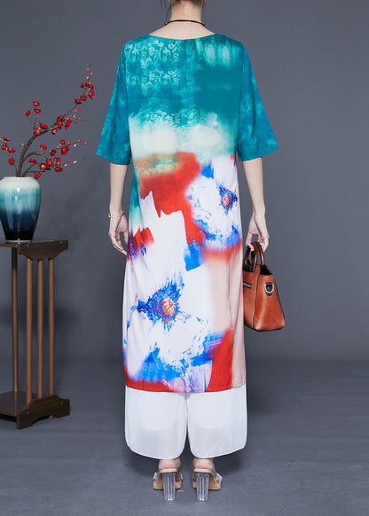 Boutique Blue O-Neck Tie Dye Silk Long Dress Half Sleeve LC0373