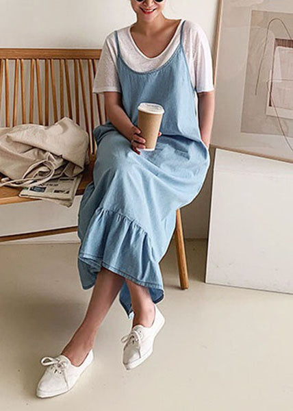 Boutique Blue Ruffled Patchwork Denim Spaghetti Strap Dress Summer LY1353