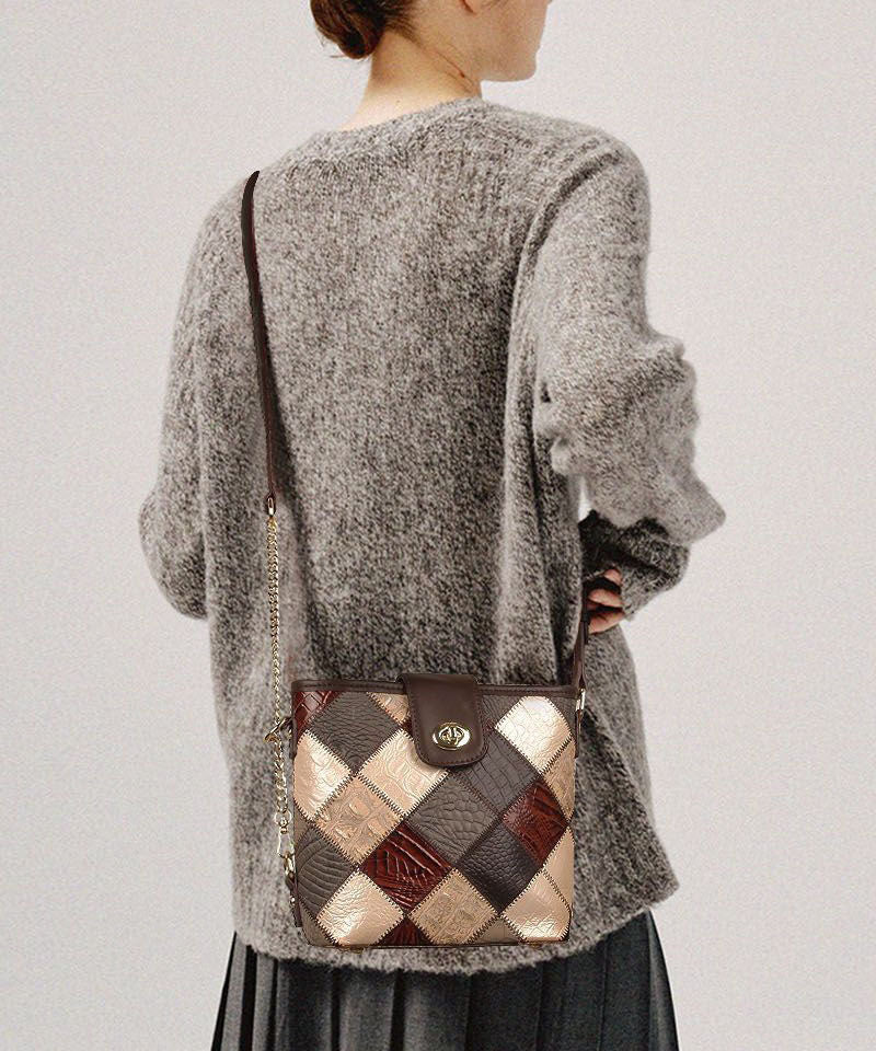 Boutique Coffee Plaid Patchwork Calf Leather Messenger Bag LY1378