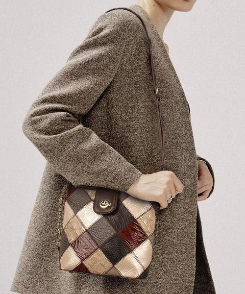 Boutique Coffee Plaid Patchwork Calf Leather Messenger Bag LY1378